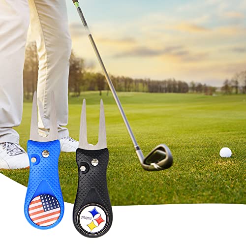 smtfcty Golf-pitchvork, 2 stuks, opvouwbare roestvrijstalen divot-vorken met afneembare balmarkers, golfbaantoestellen, putting green reparatieset (zwart blauw) - Afbeelding 6