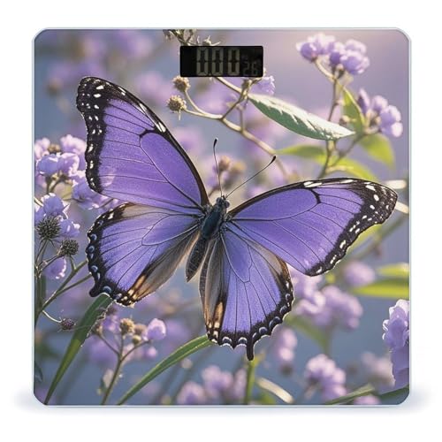Báscula digital de baño con mariposa morada y pantalla LED miniatura 1