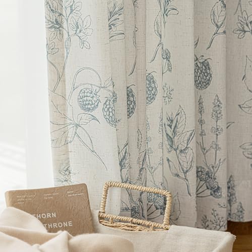 Image of FMFUNCTEX Linen Curtains Floral Patterned Curtains for Bedroom Living Room, Blue Curtain 96 Inches Long Farmhouse, Light Filtering Beige Window Curtain Grommet Top 2 Panels Set