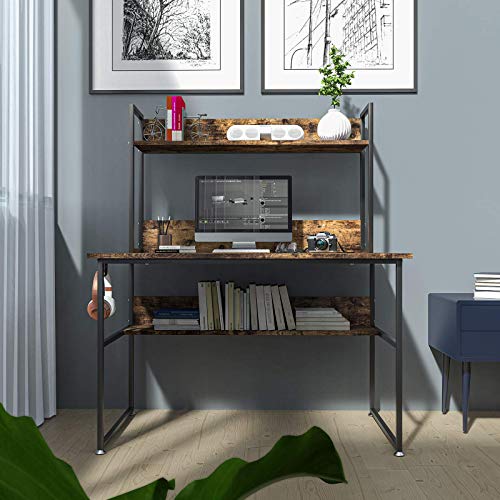 HABILY Morden Computer Desk with Hutch Storage Shelves, 47 Inch Industrial Work Desk Ladder Desk with Bookshelf and Tower Storage for Home Office (Rustic)
