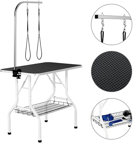 Miniatura 4 de Yaheetech Mesa de aseo para perros de 36 pulgadas, mesa de aseo plegable para mascotas con bucles dobles/bandeja de malla/brazo ajustable, color