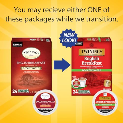 Image of Twinings Decaf English Breakfast Tea K-Cup Pods for Keurig, Naturally Decaffeinated Black Tea, Smooth, Flavourful, Robust, 24 Count (Pack of 3)