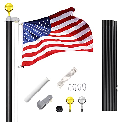 WeValor 20FT Sectional Flag Pole Kit, Extra Thick Heavy Duty Aluminum Flag Poles, Outdoor In ground Flagpole with Free 3x5 Polyester American Flag for Outside, Residential or Commercial, Black