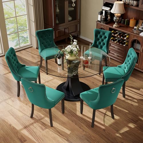 Image of 7-Piece Dining Table Set with 47In Tempered Glass Table and 6 Velvet Upholstered Chairs, Modern Scandinavian Furniture for Dining Room Kitchen(Green)