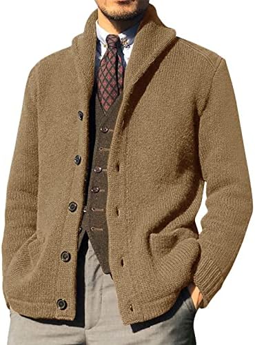 Sweaters for Men Winter Fashion Shawl Collar Button Cardigan Sweater Casual Long Sleeve Solid Color Knitting Sweater Coat Tops with Pockets Fall Jacket Sweatshirts for Men Hoodie(008Khaki,L)