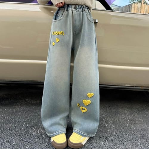 Girl's Bow Embroidered Baggy Jeans Elastic Wasit Wide Leg Denim Pant Casual Cute Y2K Streetwear Trouser with Pocket2