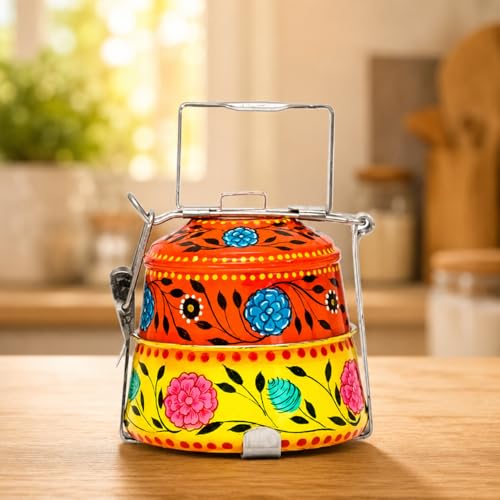 Image of iHandikart Handpainted Decorative Lunch Box Tiffin | Multiple Tier Stainless Steel Food Box | Designer Indian Print Tiffin for School | Diwali Gift, Navratri Gift (Color - Multicolor)