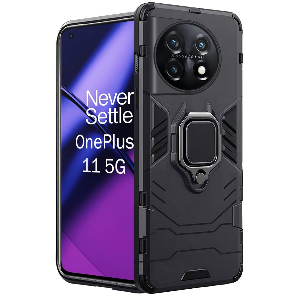 TheGiftKart Tough Armor Bumper Back Case Cover for OnePlus 11 5G | Ring Holder & Kickstand in-Built | 360 Degree Protection Back Case Cover for OnePlus 11 5G (PC + TPU | Black)