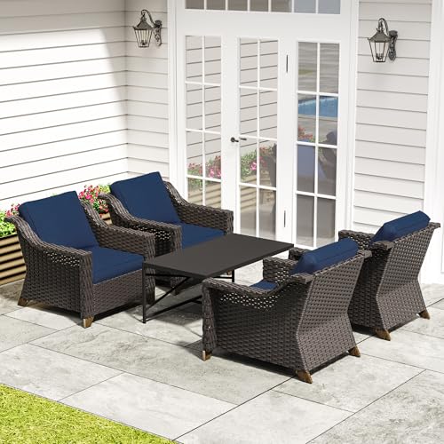 Image of 5 Pieces Outdoor Conversation Furniture Set - 4 PE Rattan Armchairs, 1 Metal Coffee Table, Patio Wicker Furniture Set with Water-Resistant Cushions for Swimming Pool, Sunroom (Navy Blue) | Patio Chair Set with Olefin Removable Cushion, All-Weather Armchair Set with Deep Seat for Porch, Deck and Backyard, Blue