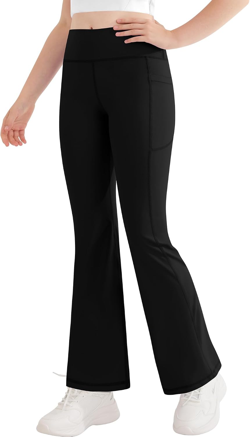 DOCUMO Girls Flare Leggings with Pocket - Bell Bottoms Full Length High Waist Yoga Pants Bootcut Athletic Leggings Teen Girls