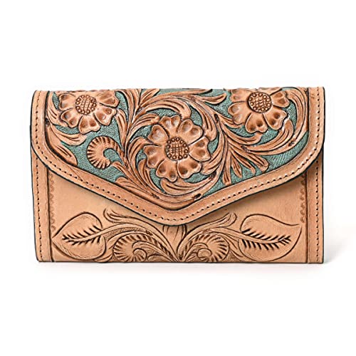 Genuine Leather Wallets for Women Cowhide Wallet for Ladies Hand Tooled Western Wallet Purse with Multi Card Pocket Clutch Handbag Slim RFID Blocking Card Slot
