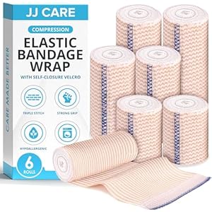JJ CARE Elastic Bandage Wrap 6 Packs, Compression Bandages in 2, 3 Inches and 4 Inches, For Ankle, Wrist, and Foot Elastic Bandages 6 Rolls, Compression Bandage Wrap with Hook and Loop Fastener