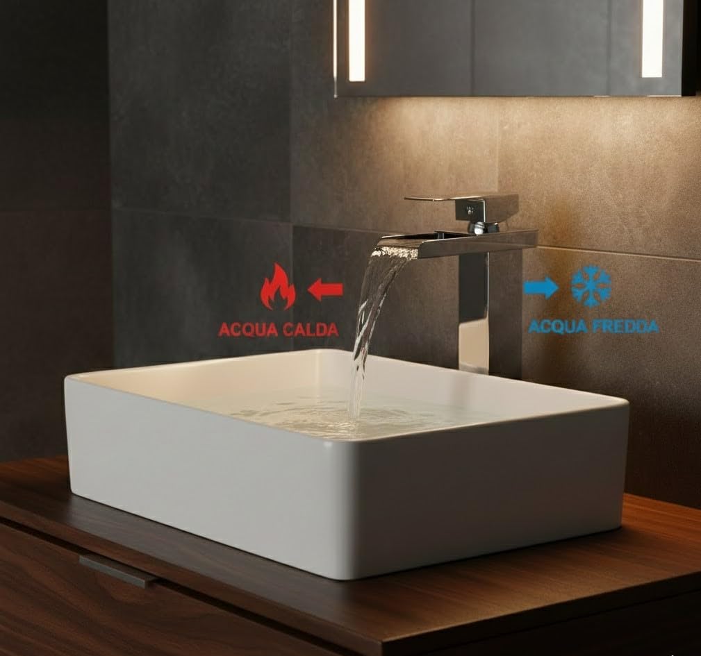 Miscelatore Monocomando a Cascata Alto per Lavabo, Rubinetto Bagno Moderno in Acciaio Cromato, Design Squadrato con Aeratore Anticalcare e Risparmio Idrico, Altezza 320mm