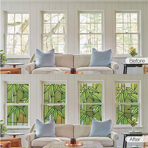 Luxury Green Bamboo Privacy Window Film - Self-Adhesive Frosted Glass Sticker For Home Decor - Anti-Uv Static Cling Window Sticker For Bathroom 17.7X39 In #TOP3