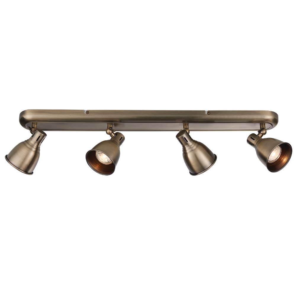 4x 3.5W Warm White LED GU10 (required) | 650mm Wide Vintage Adjustable Quad 4 Bulb Bar Ceiling Spotlight | Antique Brass Shade | Kitchen Island Down Light Lamp| Dimmable Moving Head Tilting & Rotating
