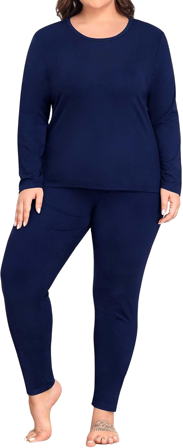 SWOMOG Plus Size Thermal Underwear Sets for Women Long Johns Base Layer Set 2 Pcs Underwear Top & Bottom Pajama Set