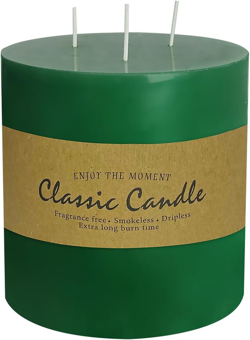 Extra Large 3 Wick Green Pillar Candle, 6" x 6", Unscented, Dripless, Smokeless, and Clean-Burning. Approx. 120 Hours of Burn Time. Perfect for Weddings, Dinners, Halloween, Christmas and Home Decor