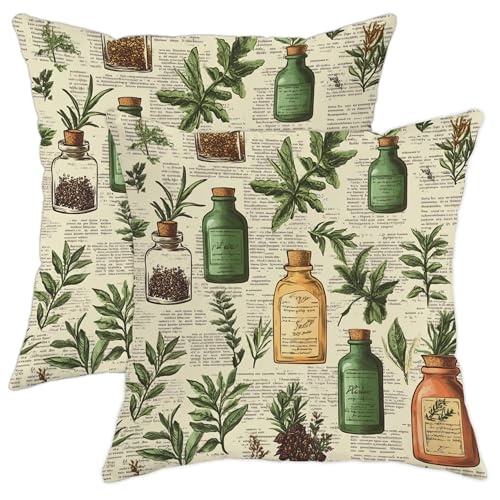 Herbal Pillow Covers Set of 2, Green Botanical Leaf Plant Throw Pillows Case, Nature Decorative Square Cottage Decor Cushion Covers for Home Sofa Bed Couch 18x18 Inch