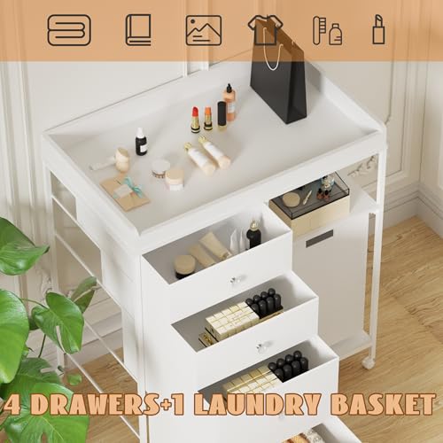 Image of 4-Drawer Storage Changing Station Dresser with Changing Table Top Mobile Baby Nursery Dresser with 1 Open Shelf and 1 Laundry Hamper Diaper Changing Station for Infant,White