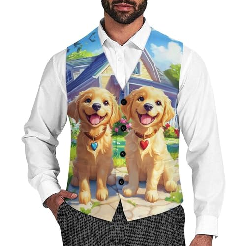 Cute Gold Retriever Dogs Men's Suit Vests Dress Vest V-Neck Waistcoat Slim Business Formal with Pocket