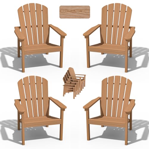 nevilywood Compact Stackable Adirondack Chairs Set of 4, 26.3' Wide HDPE Outdoor Patio Chairs - Durable, Space-Saving Design for Porch, Lawn or Garden, Teak