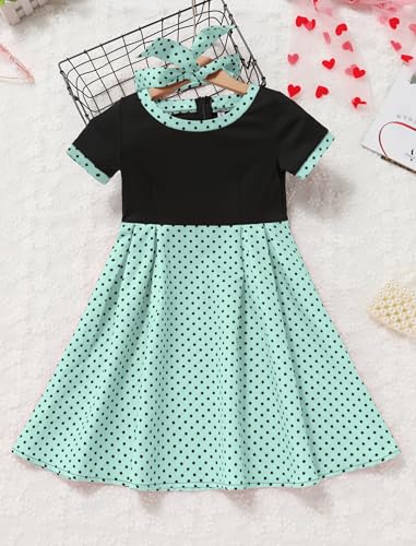 ODIZLI Kids Girls 1950s Retro Vintage Dress Short Sleeve Polka Dot Swing Dress and Headband Party Dresses4