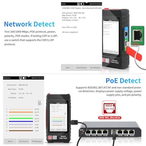 Image of Multifunction Network Caber Tester,UTP Ethernet Cable Tester,Cable Tracer,4 inch IPS Touch Screen Network Tester Support VFL,OPM,POE++ Detect,RJ45 TDR,Length,FTP,Network Tools IP /LLDP /CDP /PPPOE /Tracer