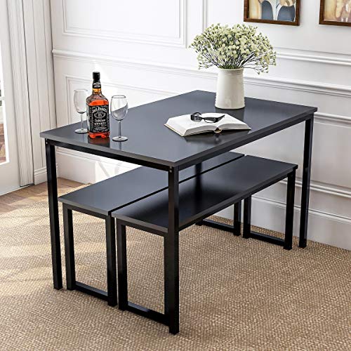 Rhomtree 3 Pieces Dining Set Table with 2 Benches Kitchen Dining Room Furniture Modern Style Wood Table Top with Metal Frame (Balck + Black)