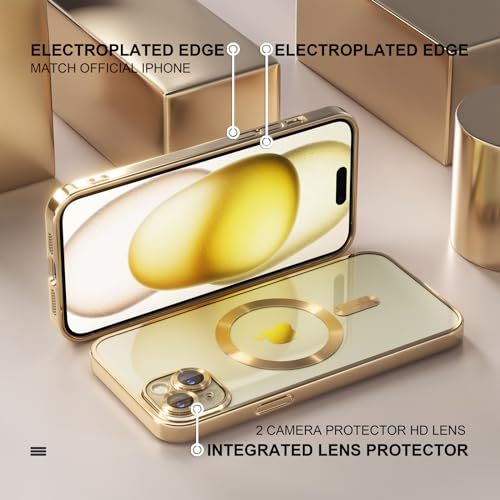 Image of Misea Magnetic for iPhone 15 Plus Case Compatible with MagSafe Gold | [Never Yellowing] [Military Drop Protection] Full Camera Lens Protector Plating Soft Clear Phone Case for Women, Gold