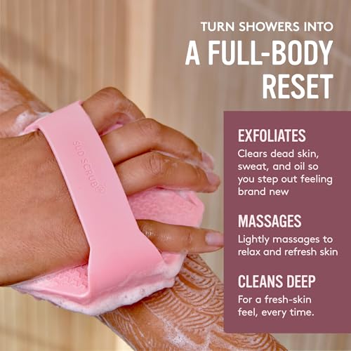 Image of Sud Scrub Antimicrobial Silicone Body Scrubber, Exfoliating Body Scrubber for Sensitive Skin, Eco Friendly Shower Scrubber for Body, Silicone Body Brush for Showering, Lathers Well, Pink
