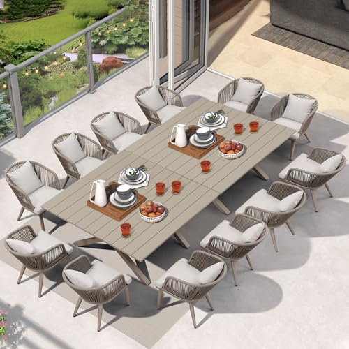 Image of PURPLE LEAF 14 Pieces Patio Dining Set Wicker Outdoor Furniture Oversize Rectangular Table and Chairs Set for Garden Deck, Cushions and Pillows Included Champagne