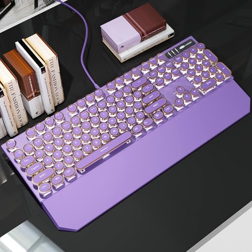 Image of MageGee Typewriter Mechanical Gaming Keyboard, Retro Punk Purple Round Keycaps, 104 Keys LED White Backlit Wired Keyboards for Laptop MAC PC Gamer, with Magnetic Wrist Rest, Blue Switch