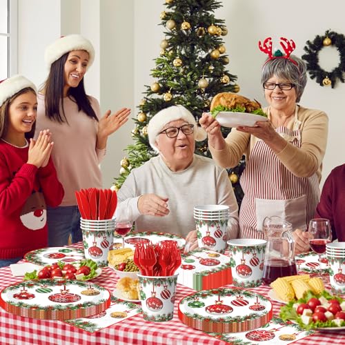 Christmas Paper Plates and Napkins,144pcs Xmas Ball Christmas Plates Disposable Party Set Christ mas Dinnerware Set for Winter Xmas Holiday,Serves 24 – Image 3
