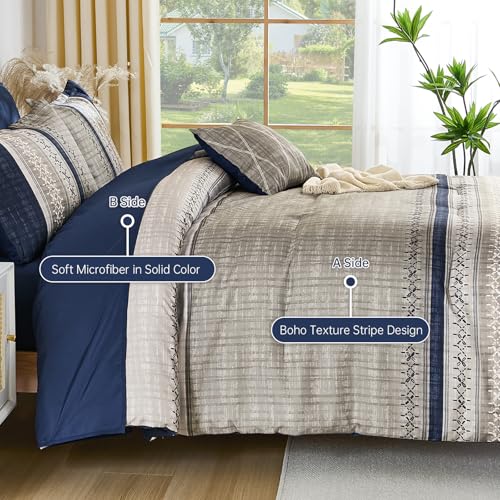 Image of Dintszyayue Blue King Comforter Size Set, 8 Pieces Boho Grey Striped Texture Bed in a Bag Sets, Lightweight Soft Bohemian Comforter and Sheet Set, All Season Microfiber Bedding Sets for Men Women