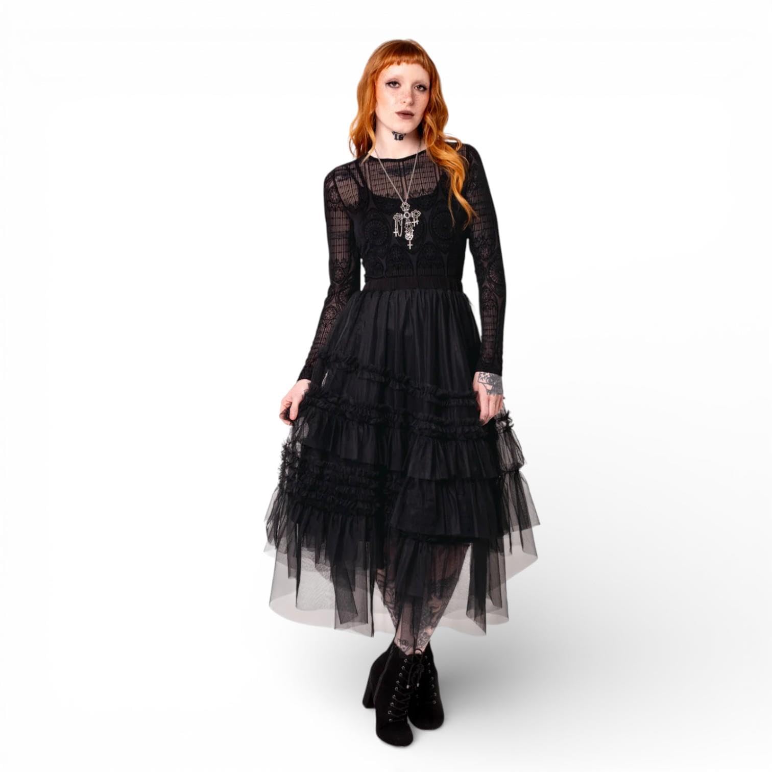 Hell Bunny MEA Culpa Top Schwarzes Gothic-Oberteil aus beflocktem Mesh mit Langen Ärmeln, transparent