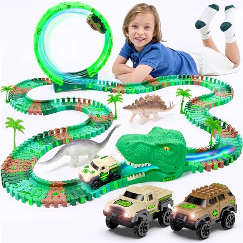 image for JITTERYGIT Dinosaur Jurassic Race Track Glow in The Dark Toy Playset -