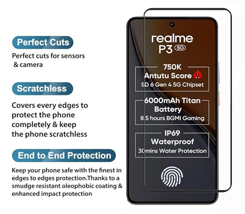 Image of Tempered Glass Screen Protector Compatible For Realme P3 5G (6.67 Inch, Pack of 1) Black Cellphone With Edge-To-Edge Protector Coverage And Easy Installation Kit (