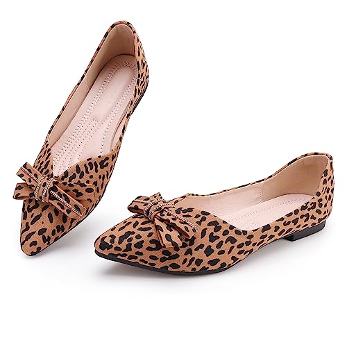 Pointed end Women Flat Shoes Classic Leopard Print Flat Shoes with Bow Decoration, Casual and Comfortable Flat Shoes