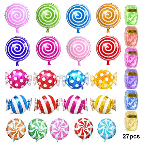 ATPWONZ Candy Balloons, Set of 21 Mylar Balloons Lollipop Swirls Peppermint Balloons with 6 Colored Ribbon for a Candy Bar or Candy Buffet, Candy Birthday Party Decor, Kids Candy Crush Party Decor