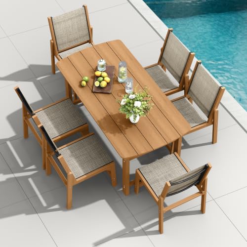 Image of HDPE Outdoor Patio Dining Set with Table & 6 Stackable Armless Textilene Chairs, All-Weather 7-Piece Dining Table Set with Umbrella Hole, Patio Furniture for Garden, Poolside, Backyard, Deck | Teak