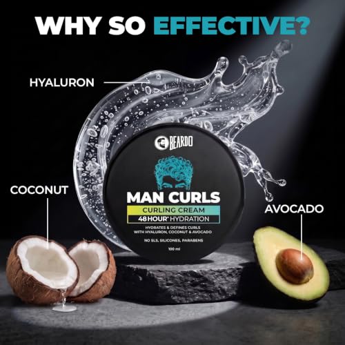 Image of Beardo Man Curls Curling Cream for Men | Super-Defining & Hydrating | Long-lasting Frizz Control | Infused with Hyaluron, Avocado & Coconut | Non-Sticky | Retains hair-moisture | 100g