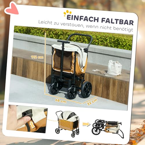 PawHut 2 in 1 Hundewagen Hundebuggy klappbar für Hunde & Katzen bis 30 kg Bollerwagen mit Kissen Netzfenstern 2 Türen Aufbewahrungstasche Katzenwagen Buggy Braun