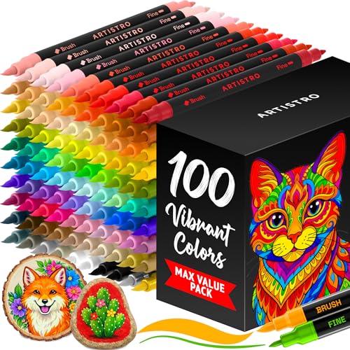 ARTISTRO 100 Acrylic Glass Paint Markers - Paint Pens for Glass Marking Rock Painting Ceramic Wood Fabric DIY Craft Canvas - Art and Craft Supplies for Adults Teens Kids (Brush + Fine Tips)