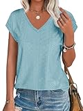 Imily Bela Womens V Neck T-Shirt Summer Cap Sleeve Dressy Casual Tops Eyelet Embroidered Fashion Tees Blue