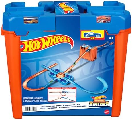 Hot Wheels Bahn Track Builder, Autorennbahn Bauset für Hot Wheels Autos, inkl. 2 Spielzeugautos, Spurwechsler, steile Kurven, Crashzone, Auto Spielzeug, Spielzeug ab 4 Jahre, GGP93
