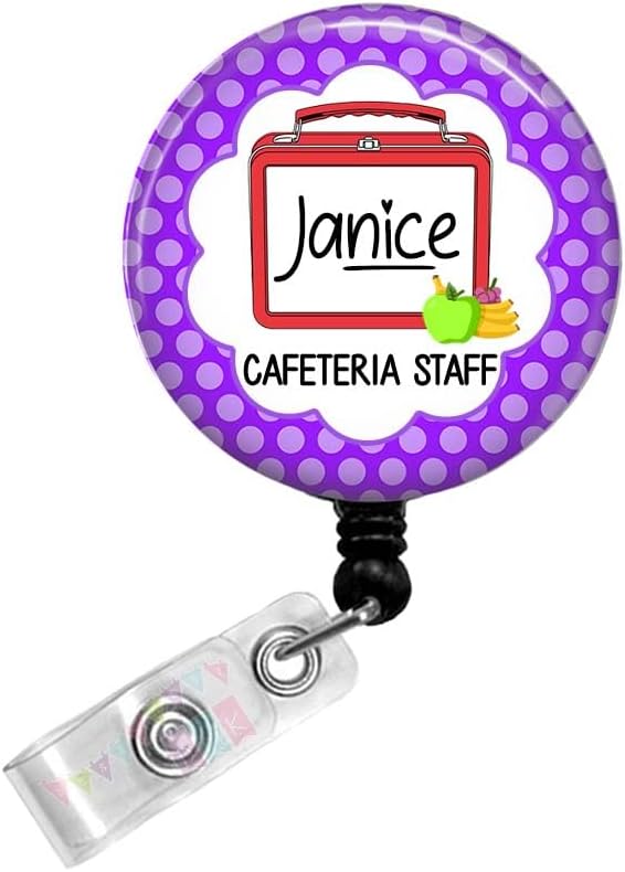 Lunch Box - Purple Dots - Lunch Lady - PERSONALIZED - Button Badge Reel - Retractable ID Holder - Alligator or Slide Clip BR0717