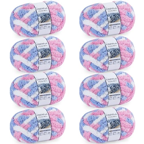 Image of Cozyful Chunky Yarn for Hand Knitting - #10 Chunky Chenille Blanket Yarn, Jumbo Big Thick Chunky Yarns for Crocheting, Tie Dye Bulky Knit Yarns, 8 Skein (20 yds 8 oz Each Skein), Blue & Pink & White