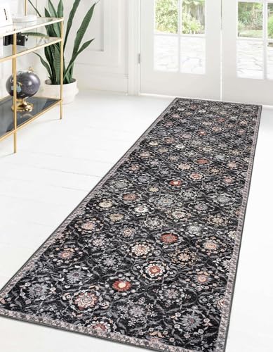 KILOCOCO 2x8 Runner Rug, Moroccan Super Soft Washable Hallway Runner Rug, Accent Print Faux Wool Kitchen Runner Rug 8 Feet Non-Slip Boho Rug Runners for Laundry Room Bedroom, Charcoal/Multi