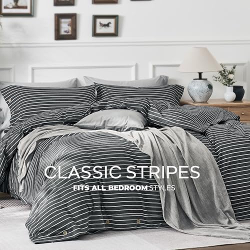 Image of JELLYMONI Cotton Duvet Cover Full Size - Gray Pinstriped Comforter Cover with Button 100% Washed Cotton 3PCS Breathable Soft Solid Bedding Set Duvet Cover 80x90in & 2 Pillowcases (NO Comforter)