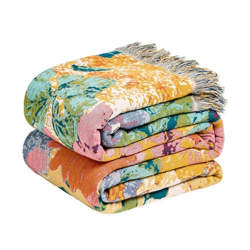 Image of MSGKV Boho Throw Blanket 50 inchx60 inch Cotton Floral Blanket for Couch & Sofa